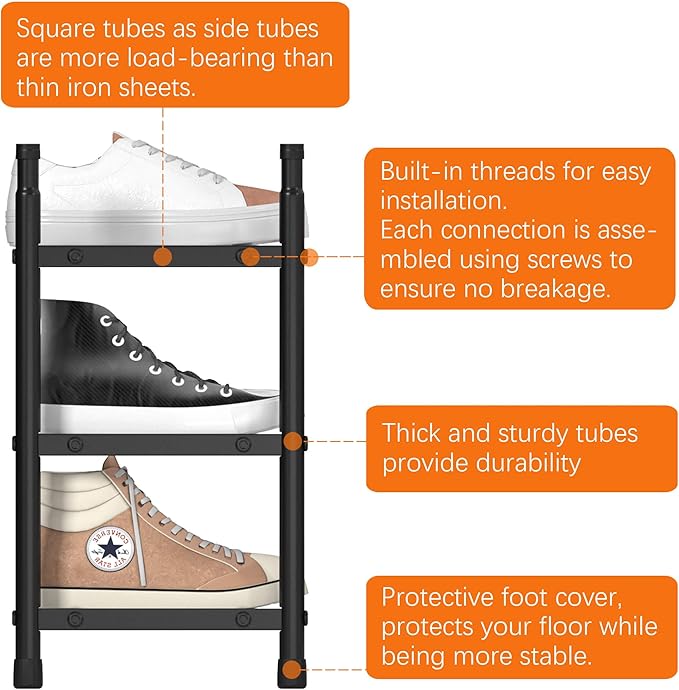 TZAMLI 3-Tier Shoe Rack for Closet, Expandable and Stackable Shoe Organizer Adjustable Metal Shoe Storage Small Shoe Shelf for Entryway Entrance, Black