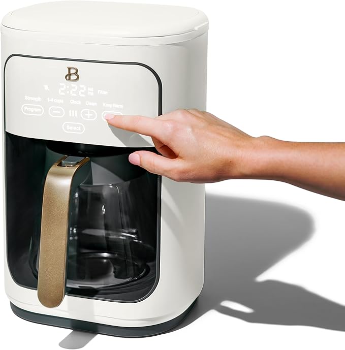 Beautiful Coffee Maker, 14-Cup, Touch-Activated Display, Programmable, Automatic Shut-Off, 1200W, Keep Warm, 24h Timer (White Icing)