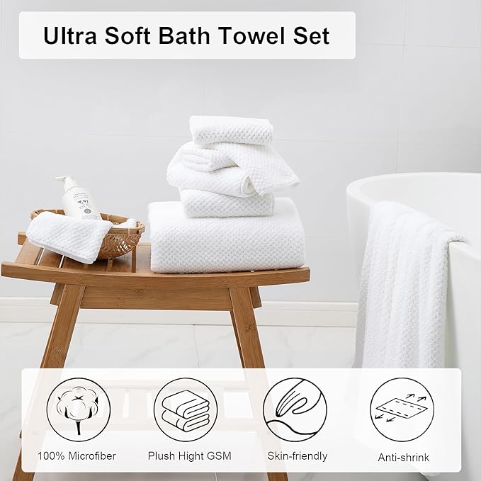 8 Piece Large White Family Bath Towel Set-2 Oversized Bath Towel Sheets,2 Hand Towels,4 Washcloths-600GSM Soft Highly Absorbent Quick Dry Beach Chair Towels Woven Towels for Bathroom Hotel and Spa