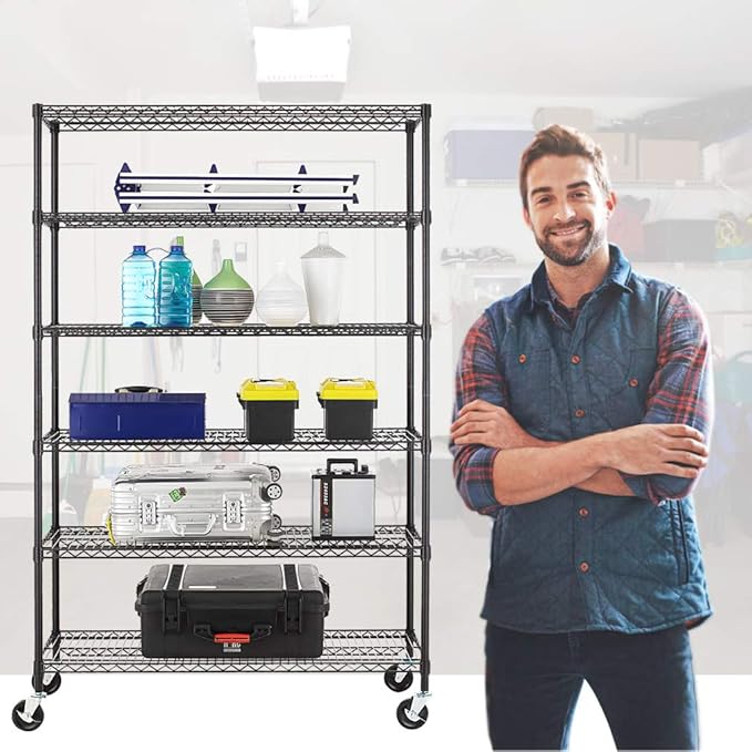 BestOffice NSF Wire Shelving Unit 6-Shelf Large Storage Shelves Heavy Duty Metal Wire Rack Height Adjustable Commercial Grade Utility Storage Rack on 4" Casters 6000LB Capacity 18x48x76,Black