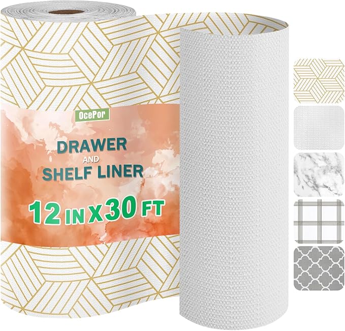 OcePor Non-Adhesive Drawer and Shelf Liner 12IN x 30FT,Non Slip Cabinet and Cupboard Liner, Kitchen Cabinet Liners for Shelves, Waterproof Drawer Shelf Liners for Cabinets/Bathroom Cupboard