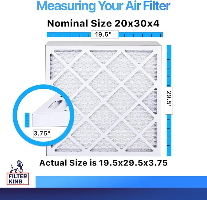 Filter King 20x30x4 Air Filter | 4-PACK | MERV 8 HVAC Pleated A/C Furnace Filters | MADE IN USA | Actual Size: 19.5 x 29.5 x 3.75"