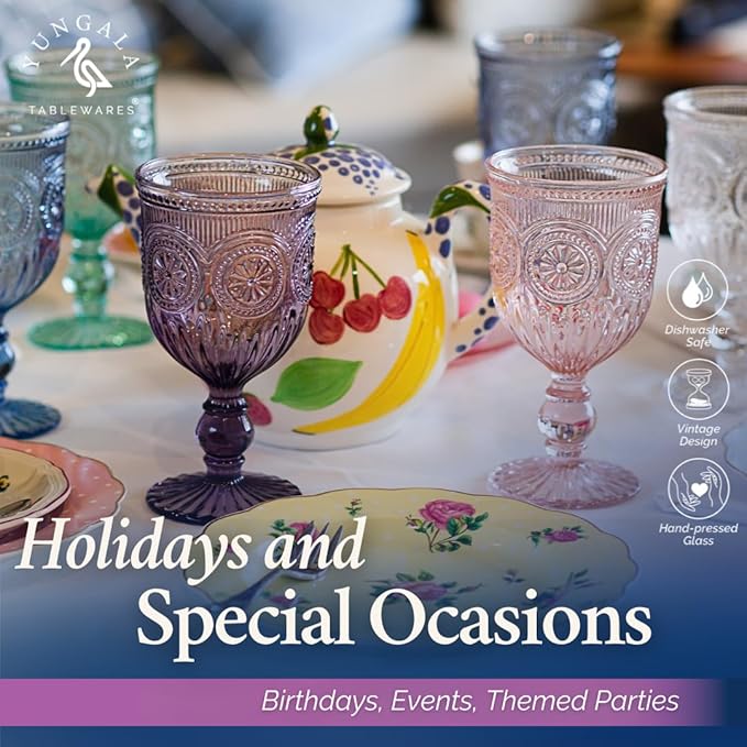 Yungala Purple Wine Glasses set of 6 purple goblets. GLASS goblets for wine, water or cocktails, vintage glassware and DISHWASHER SAFE, colorful glassware.