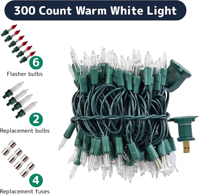 PREXTEX 300 Count Clear Christmas Tree Lights with Green Wire - 60 ft Warm White Twinkle Lights for Indoor or Outdoor Use - Holiday Fairy String Lights for Christmas Trees, Patios, and More