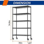 5-Shelf Adjustable Heavy Duty Storage Shelving Unit on 4 Wheel Casters, Metal Organizer Wire Rack for Laundry Bathroom Kitchen Pantry Closet, Black