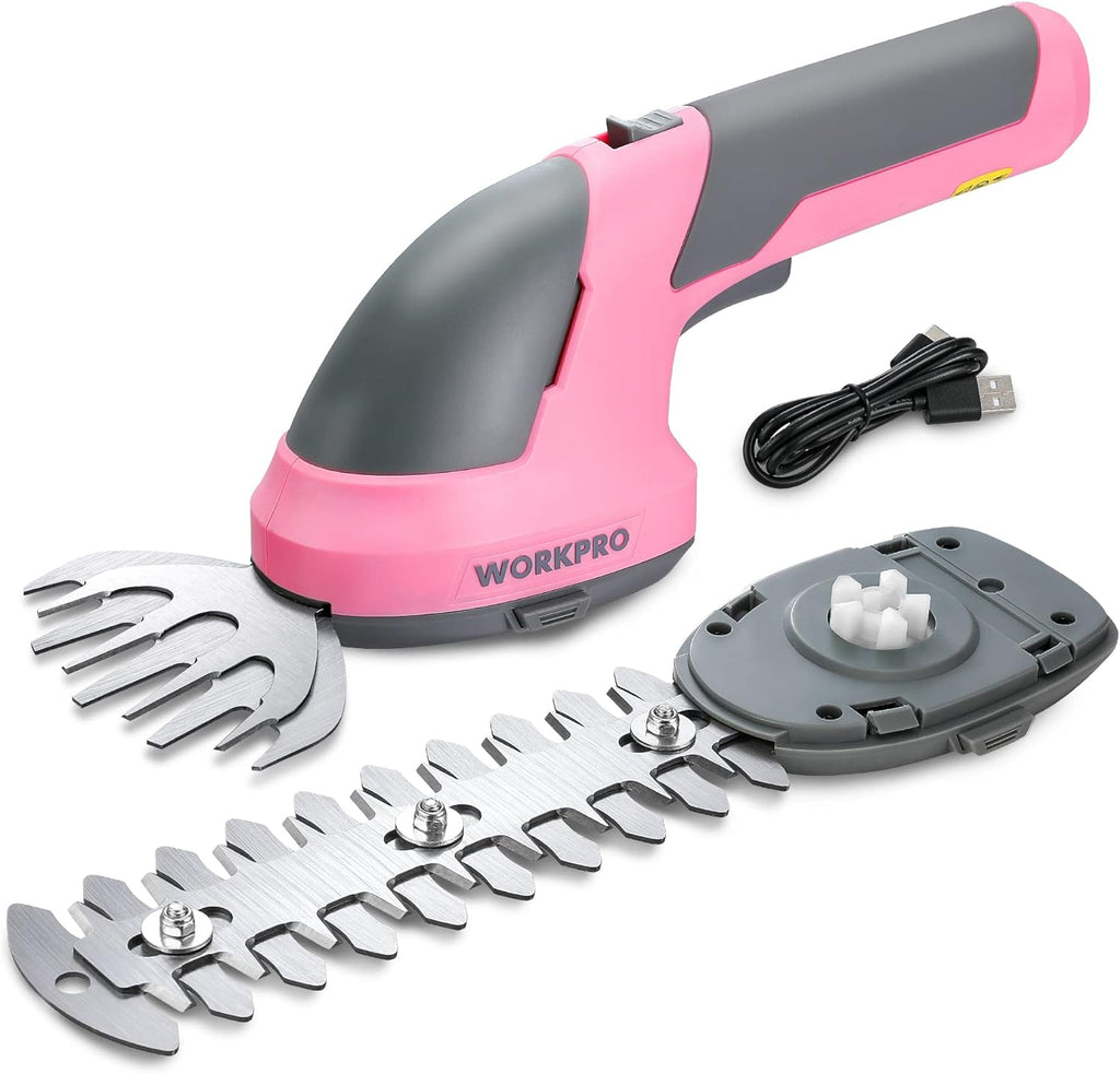 WORKPRO Cordless Grass Shear & Shrubbery Trimmer - 2 in 1 Handheld Hedge Trimmer 7.2V Electric Grass Trimmer Hedge Shears/Grass Cutter Rechargeable Lithium-Ion Battery and Type-C Cable - Pink Ribbon