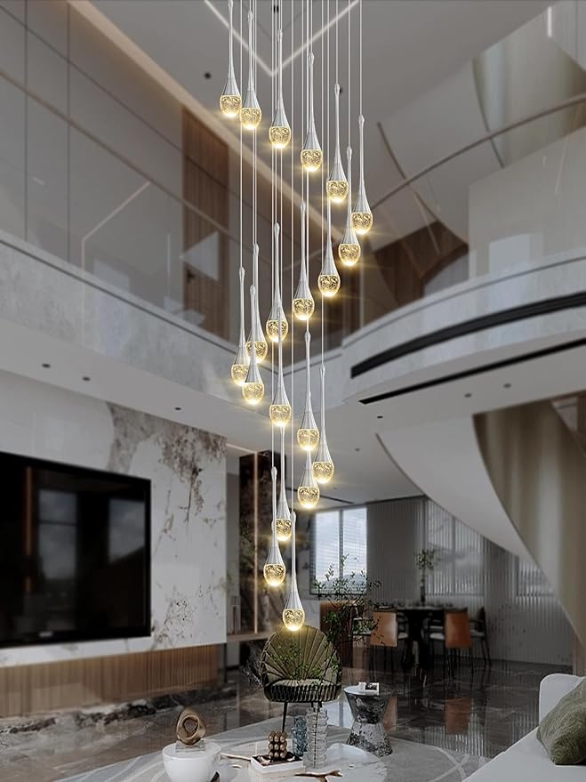 H138 Modern Chandelier for High Ceiling 26-Lights Chrome Raindrop Chandeliers Crystal Pendant Light Fixture Large Chandelier for Staircase Foyer Villa Dimmable LED Hanging Light