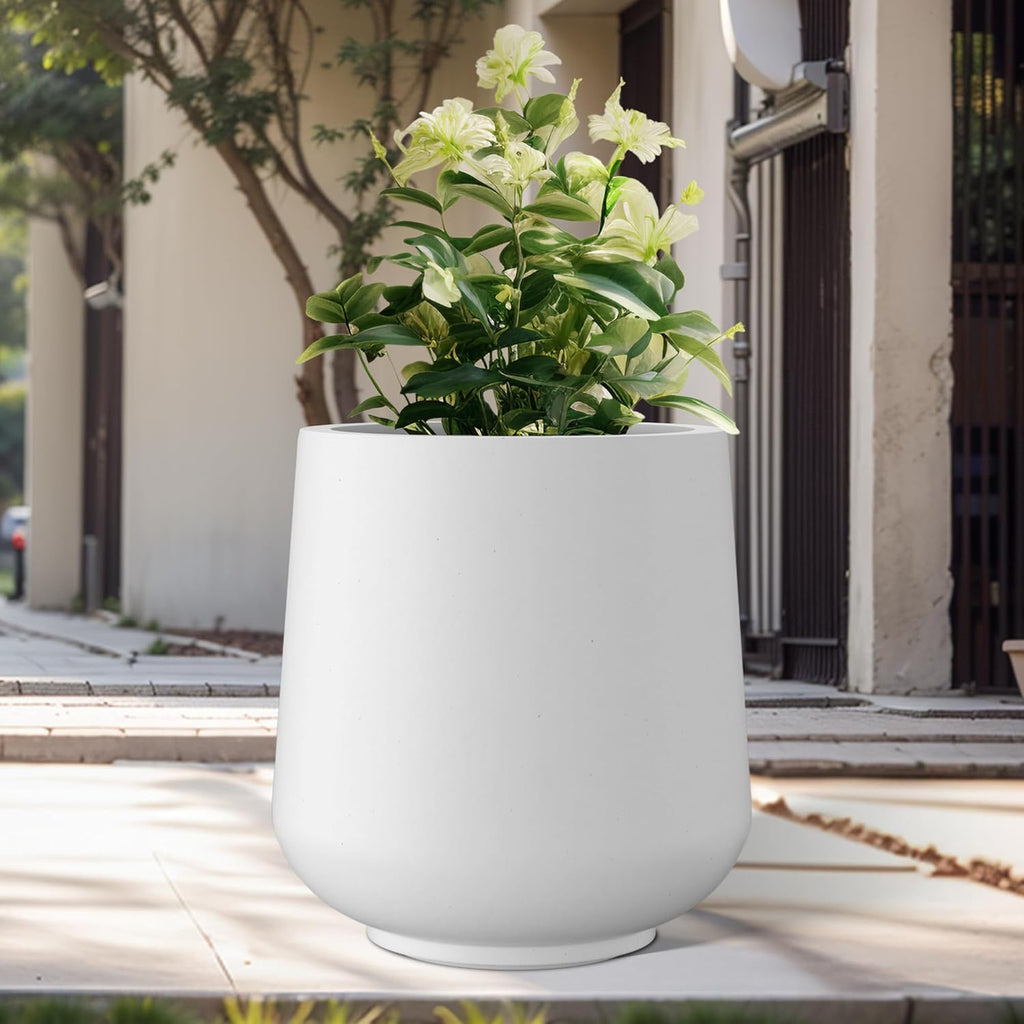 Kante 11.6" Dia Round Concrete Planter, Outdoor Indoor Large Plant Pots Containers with Drainage Hole and Rubber Plug for Home Garden Patio, Pure White