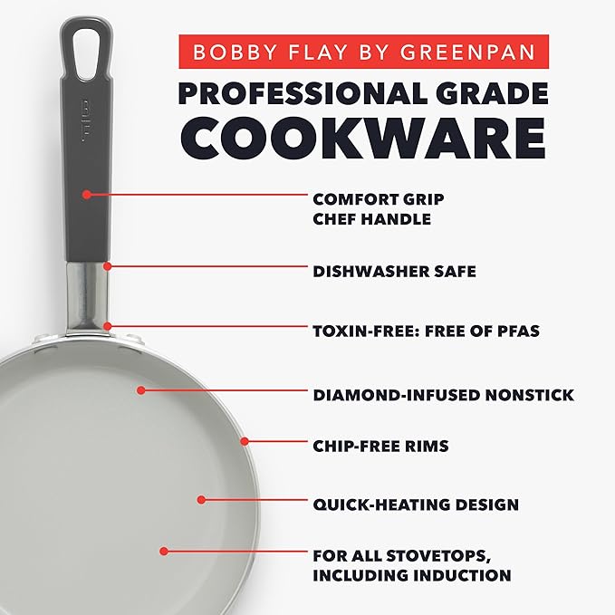GreenPan x Bobby Flay 10" Nonstick Frying Pan Skillet, PFAS-Free Diamond Ceramic, Induction Suitable, Stay-Cool Silicone Handle, Easy Clean Dishwasher & Oven Safe, Egg & Omelet Pan, Graphite
