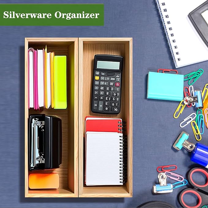 Silverware Drawer Organizer, Utensil Organizer, Bamboo Storage Box Wood Tray for Drawer Set of 2