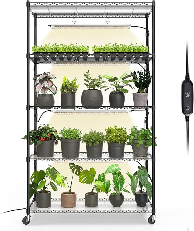 Bstrip Plant Shelf with Grow Light with Timer, Metal Plant Stand with Adjustable Rack and Wheels, 4 Pack 24W Full Spectrum Grow Light Strip for Indoor Plants, Seed Starting, 35.4"x13.8"x59"