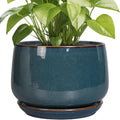 G EPGardening Ceramic Plant Pots - 9 Inch Round Modern Planter Indoor with Drainage and Tray for Indoor Outdoor Flower, Office Decor, Gardening Gifts, Retro Blue