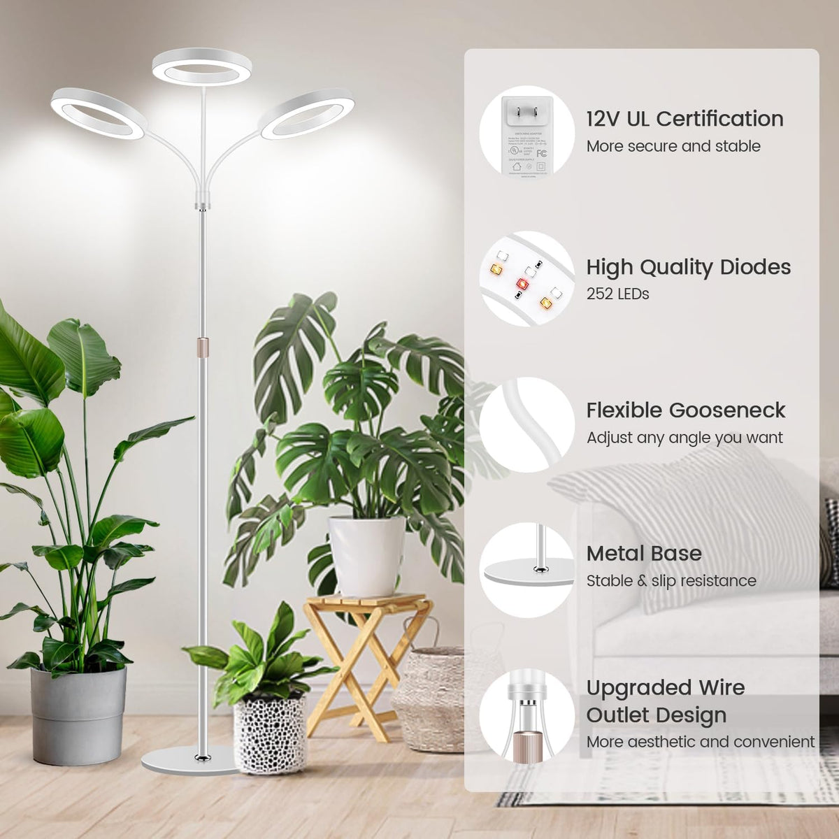 Garpsen Floor Plant Light, Full Spectrum 252 LEDs Grow Light for Indoor Plants with Base, 3 Color Modes & 5 Dimmable, Timer 6/12/16H Grow Lamp with 67''Height Adjustable, 3-Head-White