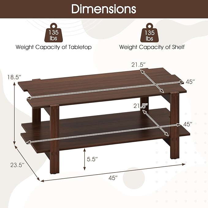 GOFLAME Wood Coffee Table with Storage, 2-Tier Irregular Center Table with Open Storage Shelf, Modern Accent Tea Table for Living Room, Home Office, Reception Room (Walnut)