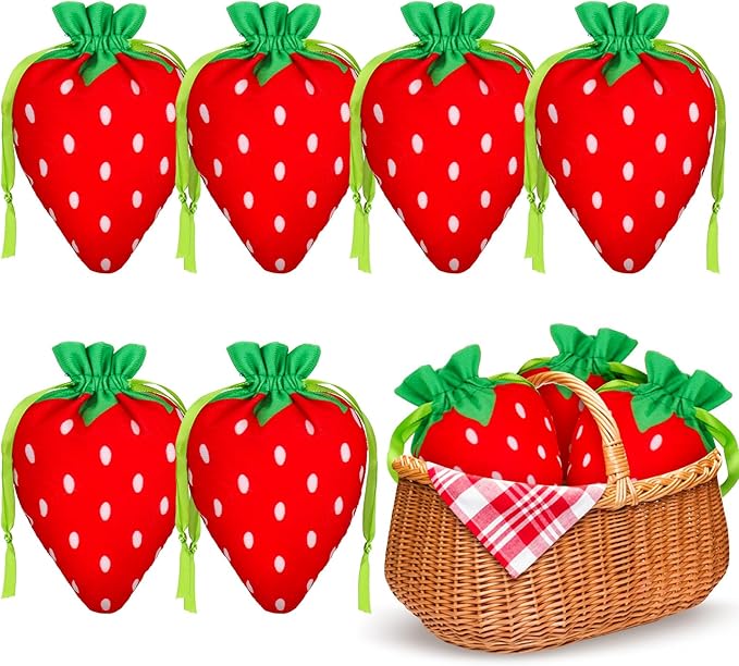 Whaline 12Pcs Strawberry Shaped Treat Bags Red Green Strawberry Drawstring Bags Cute Fruit-Themed Gift Pouches for Item Storage Jewelry Packaging