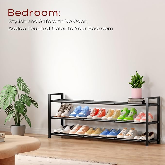 Bumusty 3-Tier Long Expandable Shoe Rack for Closet, 18"-44" Adjustable Shoe Rack for Entryway, 15-18 Pairs Large Shoe Organizer Shelf Storage, Sturdy Metal, Black