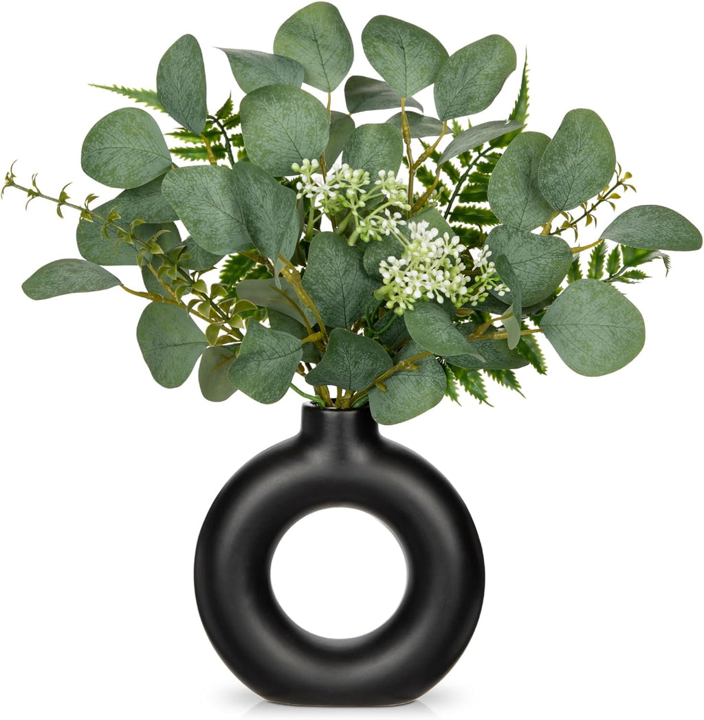 Artificial Eucalyptus Stems in Ceramic Vase 14.23" Fake Eucalyptus Plant Decor Black Donut Vase with Greenery Centerpiece Table Decorations Small Faux Green Plant for Home Farmhouse Wedding Table