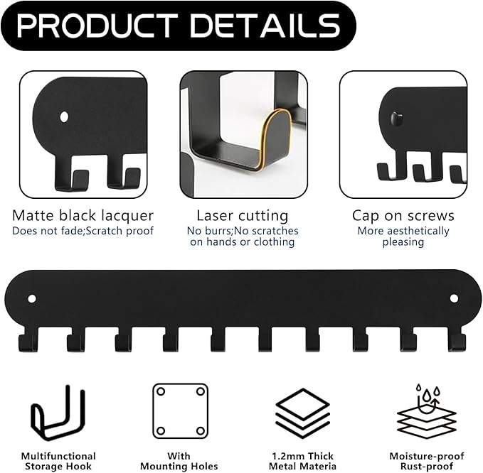 2 Pack Key Holder for Wall,Key Hooks with 10 Hooks,Key Holder Wall Mount Self Adhesive, Key Rack for Wall No Drill for Living Room, Kitchen, Bathroom, Garage (Black)