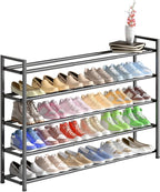 Bumusty 5-Tier Long Expandable Shoe Rack for Closet, 18"-44" Adjustable Shoe Rack for Entryway, 25-30 Pairs Large Shoe Organizer Shelf Storage, Sturdy Metal, Grey