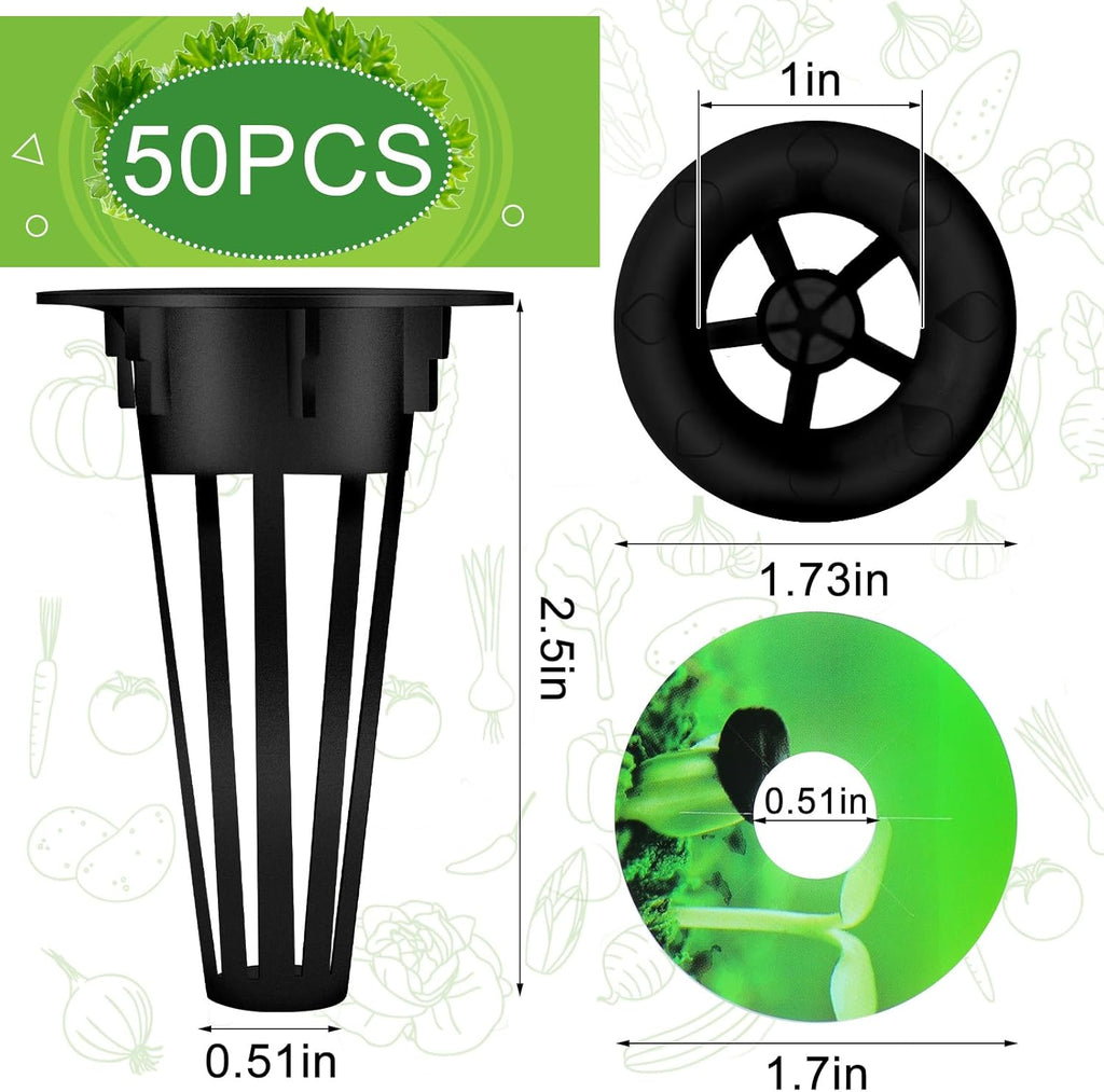 Cunhill 100 Pcs Hydroponic Growing Kit Include 50 Pcs Plant Replacement Basket Containers and 50 Pcs Seed Pot Label Compatible with Hydroponic Growing System(0.5 Inch,Black)
