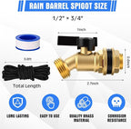 JaGely 3 Sets Brass Rain Barrel Spigot Kit 1/2" Inlet to 3/4" Quarter Turn Ball Valve with Bulkhead Fitting, Brass Bulkhead Faucet Kit with Thread Tape and 9.8ft Traction Rope for Water Tanks, Pools