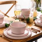 AmorArc Ceramic Dinnerware Sets for 6, Modern Flat Stoneware Plates and Bowls Sets,Chip and Crack Resistant | Dishwasher & Microwave Safe Dishes Set,Scratch Resistant- Service for 6 (18pc)-Matte Pink