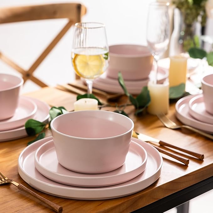 AmorArc Ceramic Dinnerware Sets for 6, Modern Flat Stoneware Plates and Bowls Sets,Chip and Crack Resistant | Dishwasher & Microwave Safe Dishes Set,Scratch Resistant- Service for 6 (18pc)-Matte Pink