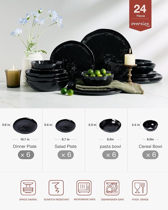 Famiware Porcelain kitchen plates and bowls set, Modern dishes set for 6, Handmade Wave Edge Dinnerware Sets, Microwave and Dishwasher Safe Tableware, Glossy-black (24pc)