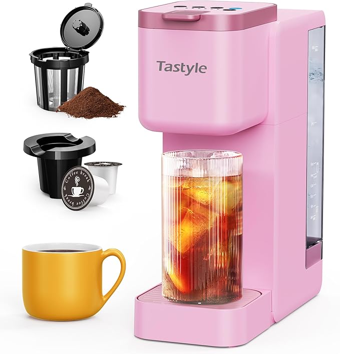 Single Serve Hot & Iced Coffee Maker with Strong Brew, 40oz Removable Reservoir, 6 Brew Sizes, Compatible with K Cup and Grounds, Compact for Home, Office, RV and Dorm, Pink (2.0 Version)