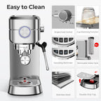 20 Bar Espresso Machine with Milk Frother, Compact Espresso Coffee Maker with Cup Warmer, Self-Cleaning, Auto Shut-Off, 34oz Removable Water Tank for Latte/Cappuccino/Americano, Stainless Steel