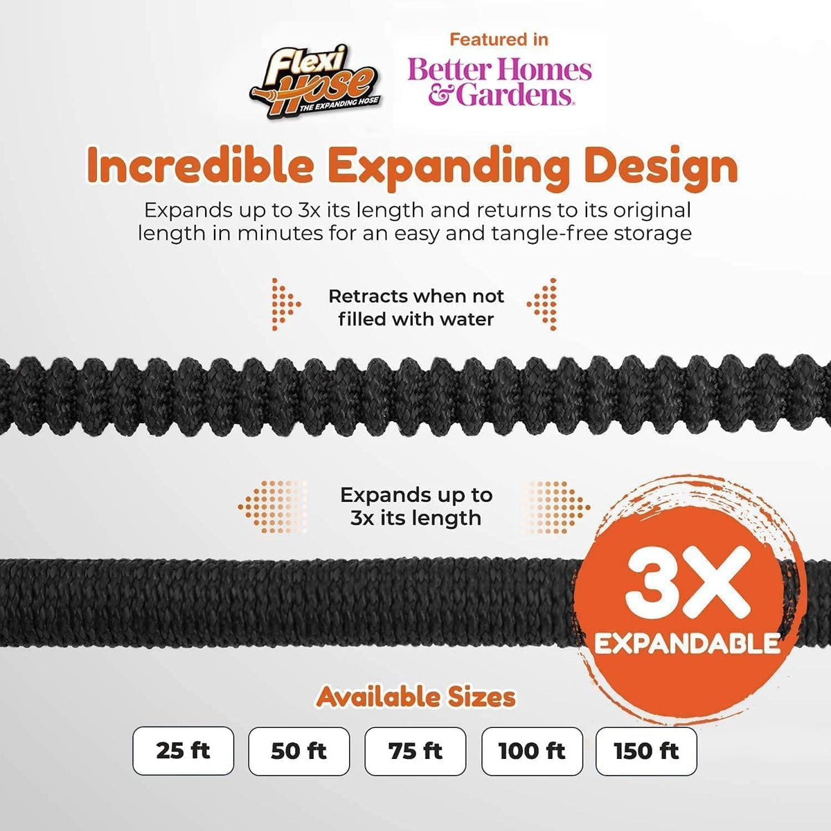 Flexi Hose Plus Expandable Garden Hose with 8 Function Nozzle, 25FT - Lightweight Retractable Garden Hose, Water Hose - No-Kink Flexibility, 3/4 Inch Solid Brass Fittings Includes Hook & Bag