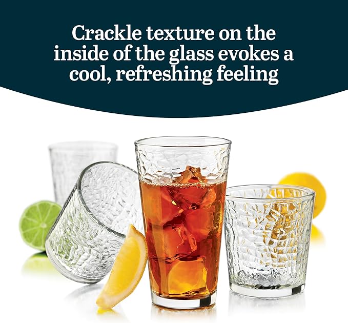 Libbey Yucatan Tumbler and Rock Glasses Drinking Set, Textured Drinking Glasses Set of 16, All Purpose Glass Cups Set for Events and Everyday Use