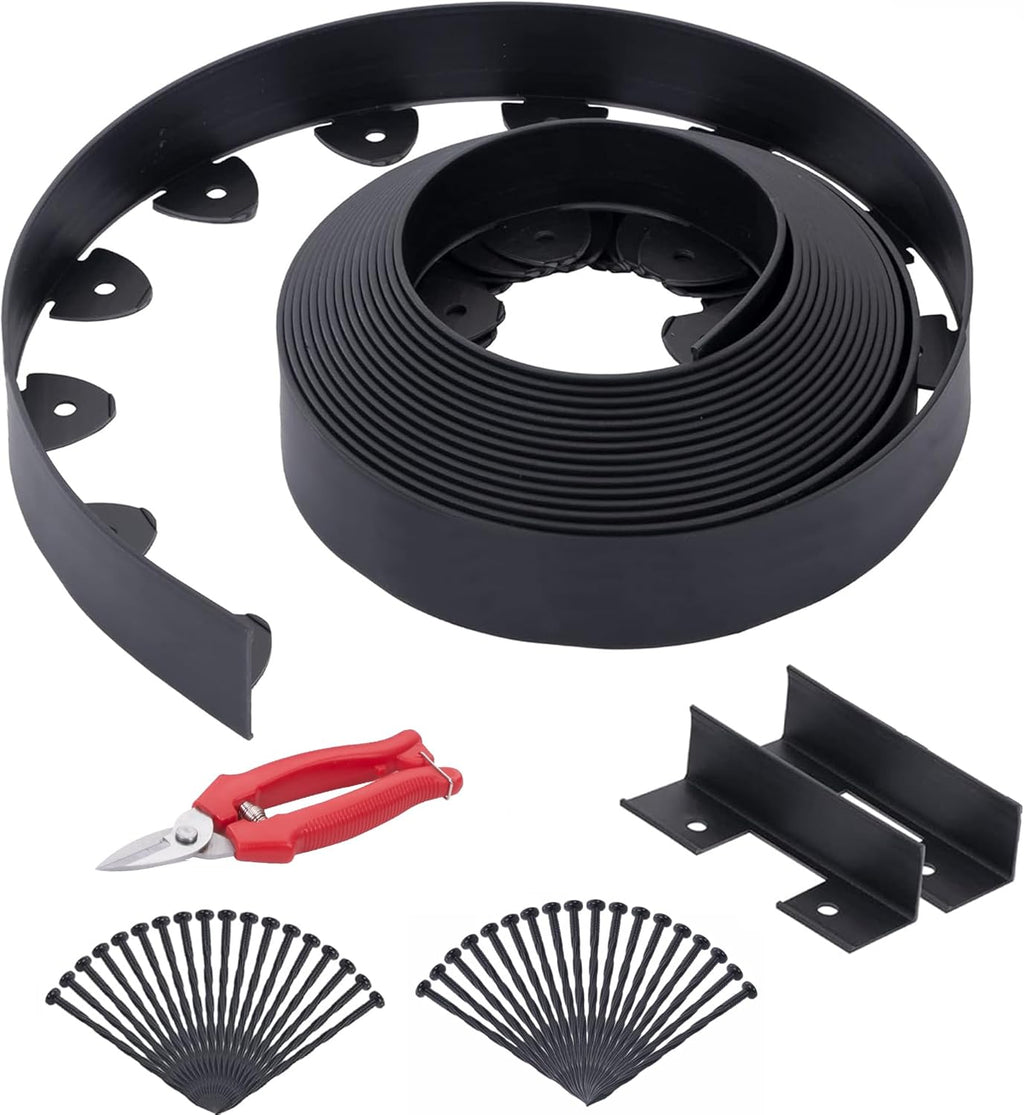 Landscape Edging, 40' 4" Tall Garden Edging with Scissors, Lawn Edging with 36 Garden Spikes and 2 Connectors, Heavy Duty PP&PE Material Edging for Landscaping, Garden, Lawn, Black