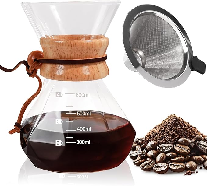 Pour Over Coffee Maker 600ml with 304 Stainless Steel Filter and Wooden Collar Holder Borosilicate Glass Drip Coffeemaker Server Set Clear Hand Brew Dripper Carafe for Home Camping Travel 20.3oz