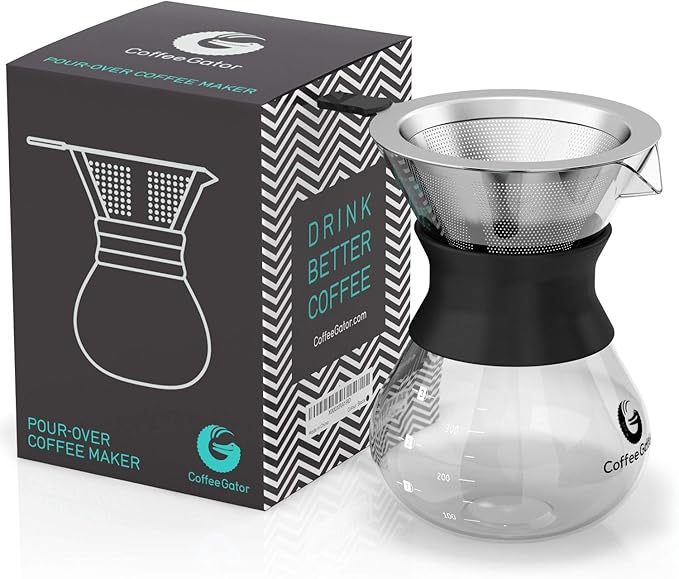 Coffee Gator Pour Over Coffee Maker Portable - 10.5oz High Heat Borosilicate Glass w/Reusable Stainless Steel Filter, Drip Coffee Brewer Pourover Dripper Set Carafe, 300ml Black