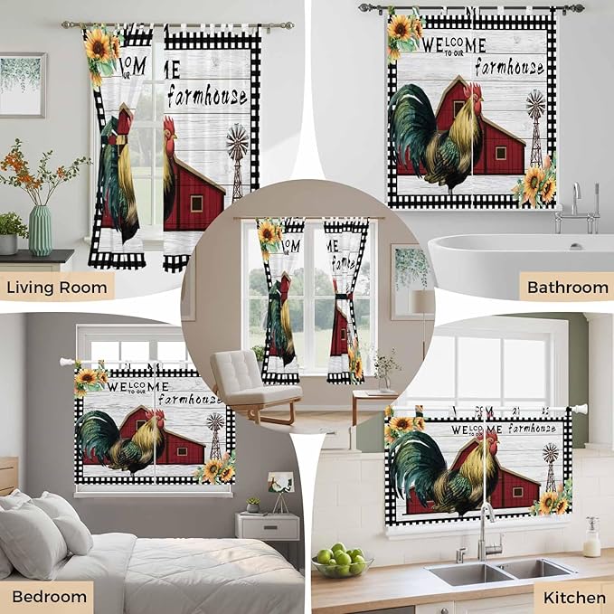 Farmhouse Rooster Bedroom Curtains 72 Inch Length, Window Curtains Tab Top, Rustic Red Barn Windmill Sunflowers Light Filtering Window Treatments Drapes 52"x72" 2 Panel