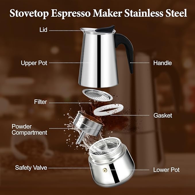 2 Cup Moka Pot Percolator Italian Coffee Maker 100ml Stovetop Espresso Mocha Stainless Steel Greca Coffee Maker Classic Cafe Makers Suitable for Induction Cookers Ceramic Stoves Straight