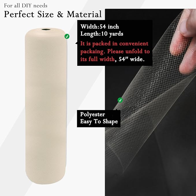Ivory Tulle Fabric Rolls 54 Inch by 10 Yards Fabric Tulle Bolt for Wedding Christmas Decorations Gift Wrapping DIY Tutu Baby Shower Table Skirt Birthday Party Craft Supplies