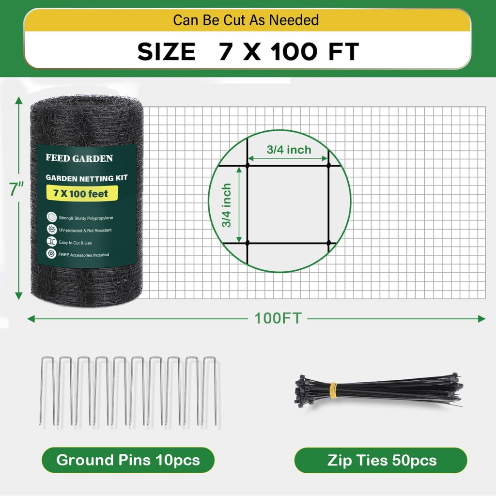 FEED GARDEN Deer Netting Deer Fence Netting, 7 x 100 Feet for Garden Protection Reusable Protective for Plants Fruit Trees Vegetables Against Birds and Other Animals