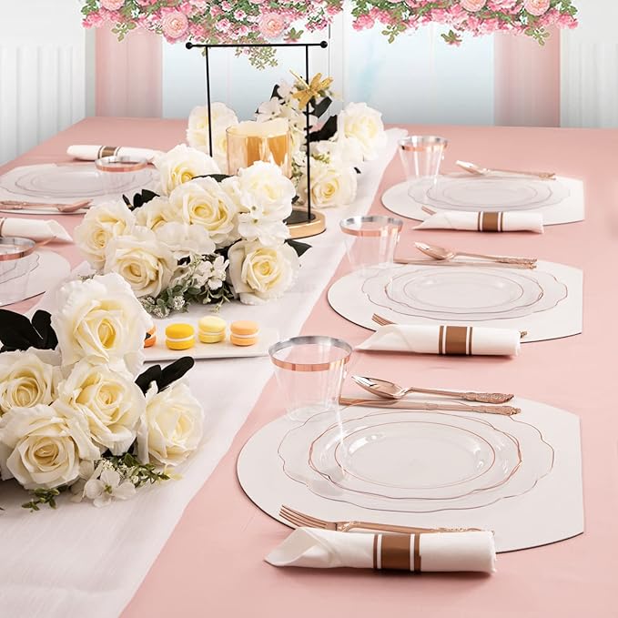 NOCCUR 350PCS Rose Gold Plastic Plates - Clear Rose Gold Disposable Dinnerware Set - Include 100 Dinner/Dessert Plates,50 Cups,50 Pre Rolled Napkins with Cutlery Set - Ideal for Party&Wedding