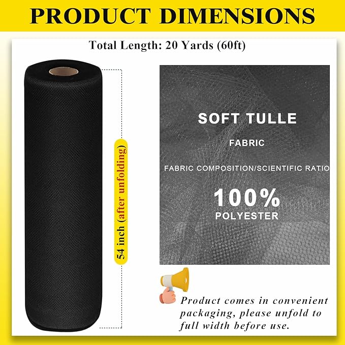 54" by 20 Yards Black Tulle Fabric Rolls - Tutu Spool Bolt for DIY Wedding Decoration, Baby Shower Tutu Skirt, Gift Wrapping - Large Matte Tulle, Roll Packaging