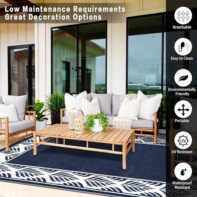 Outdoor Plastic Straw Rug, Waterproof Mat, Washable Large Floor Mat and Rug for Outdoors, RV, Beach, Patio, Camping, Backyard, Deck, Picnic, Outside (Olive-Leaf/Dark Blue&White,9x12ft)