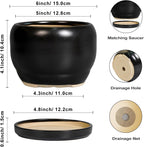 SQOWL Ceramic Plant Pot - 6 Inch Planter for Indoor Plants, Round Flower Pot with Drainage Hole and Saucer, Modern Succulent Planter Outdoor, House Decor, Plant Lovers Gifts, Black