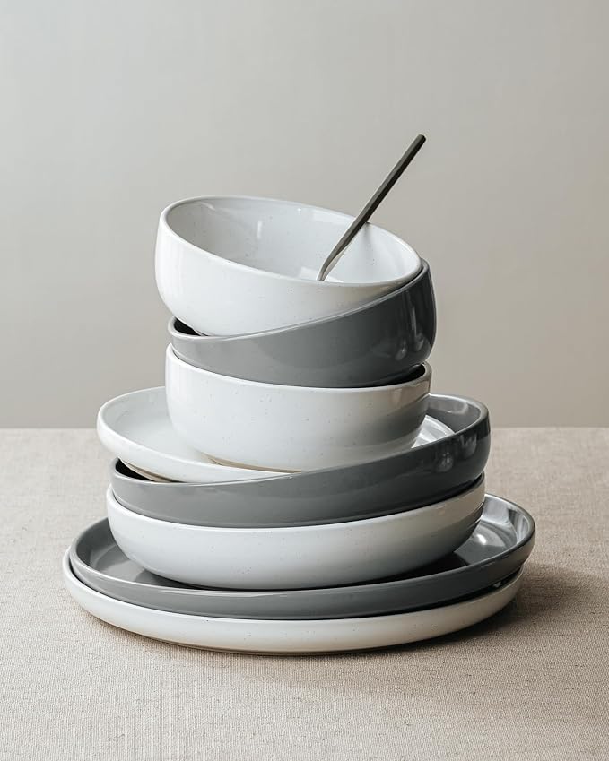 Famiware Milkyway Plates and Bowls Sets, 12 Pieces Stoneware Dinnerware Sets, Dishes Set for 4, White & Dark Gray