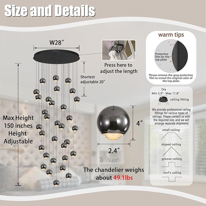 Farmhouse Crystal Chandelier, Luxury Hanging Lights High Ceiling Pendant Lighting for Foyer Staircase 32 Lights Black Dimmable 2700k-6000k