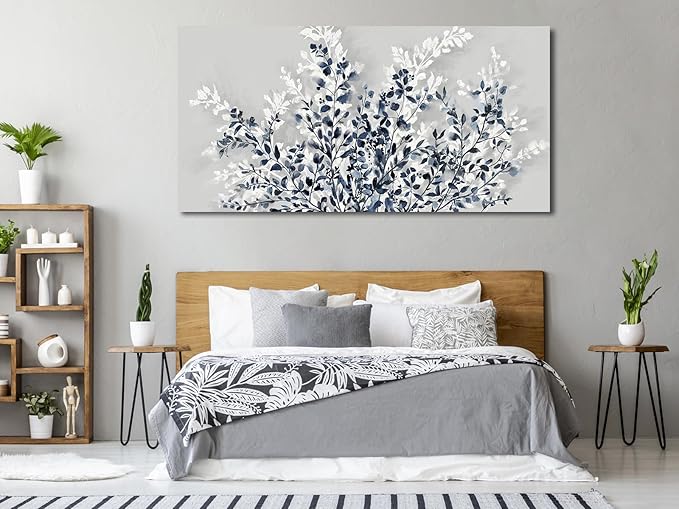 NINEASO Botanical Flowers Wall Art - Indigo Blue and White Floral Canvas Pictures Spring Blooming Painting Gray Background Printing Artwork Living Room Bedroom Home Office Wall Decor 29" x 58"