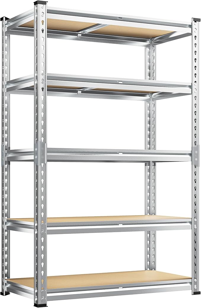 REIBII Garage Shelving, 5 Tier Storage Shelves Load 2020LBS, Adjustable Garage Shelves Heavy Duty, Metal Shelving Unit with Waterproof Columns, 35.5" W x 11.9" D x 72" H, Galvanized