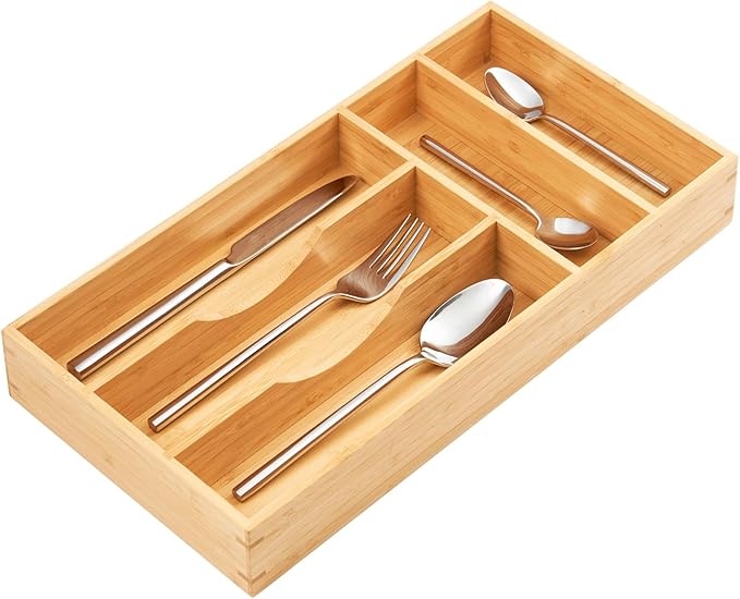 Umilife Bamboo Kitchen Drawer Organizer, 8 Inch Silverware Utensils Tray Holder for Small Drawer, Wood Caddy for Flatware Cutlery Knives