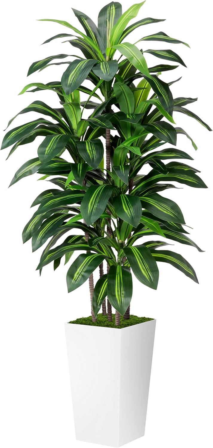 Artificial Dracaena Plant Indoor 5FT - Fake Tree with White Tall Planter - Faux Yucca Tall Fake Floor Plant in Pot - Artificial Trees for Home Office Living Room Decor Indoor