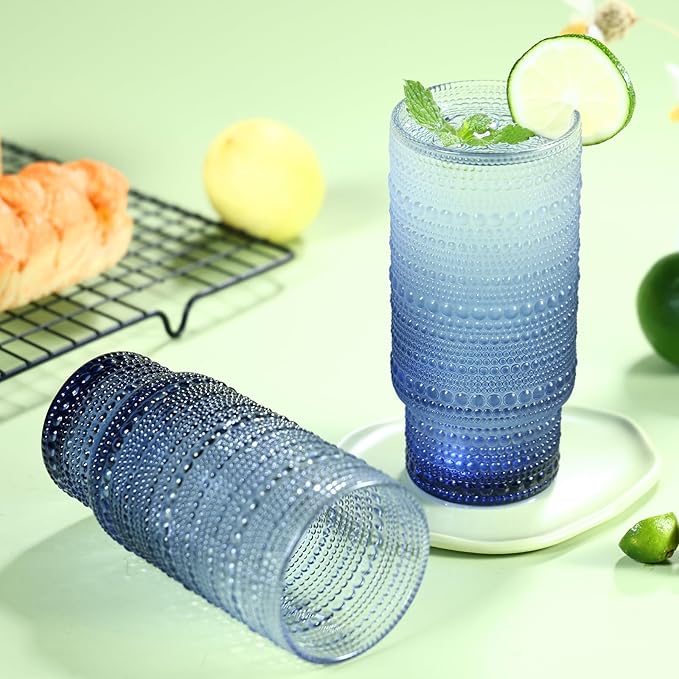 6pcs Hobnail Drinking Glasses Set, 16 oz Vintage Glassware Drinking Glasses, Gradual Gray-blue Water Glasses Tumbler, Cups for Kitchen, Juice, Beer, Cocktail, Whiskey